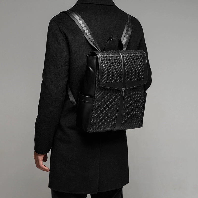 X&BV双肩包男真皮商务电脑包编织男包出差旅行背包时尚简约书包男