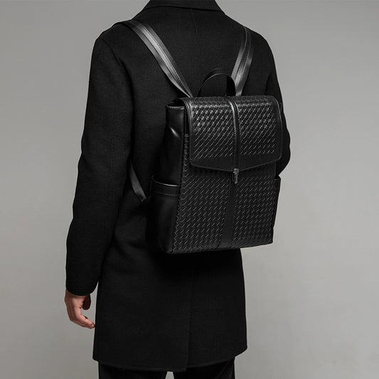 X&BV双肩包男真皮商务电脑包编织男包出差旅行背包时尚简约书包男
