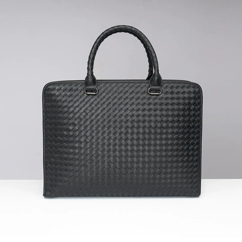 X&BV公文包男真皮横款大容量编织商务单肩斜挎包男休闲男士手提包