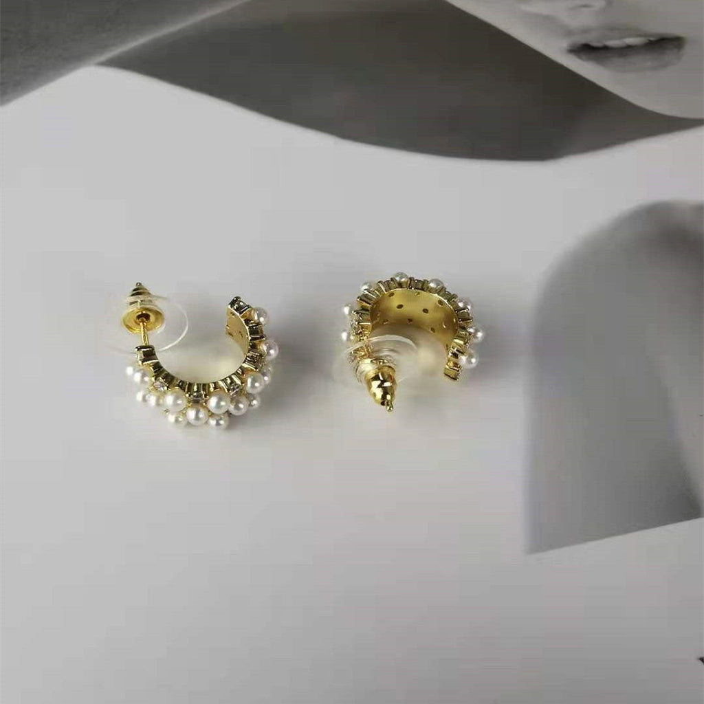 赛家新款耳环珍珠满钻C型甜美气质耳坠短款半圈复古港风珍珠耳钉