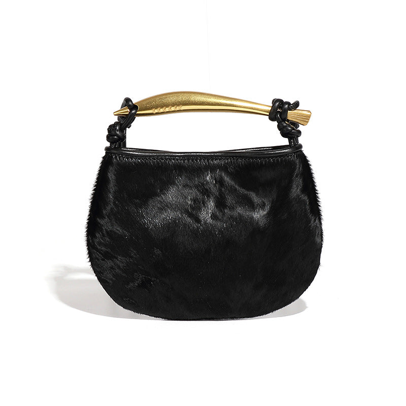 秋冬新品高级感马毛手提包包小众设计潮流豹纹沙丁鱼单肩斜挎女包