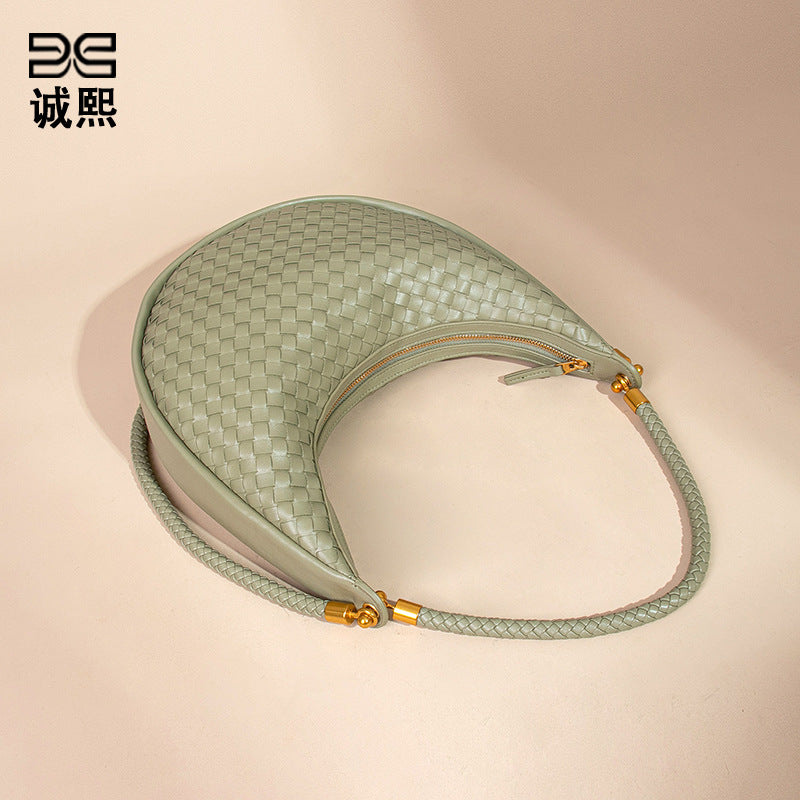 时尚手工编织包休闲女士手提月牙包小众单肩腋下包斜挎新月饺子包