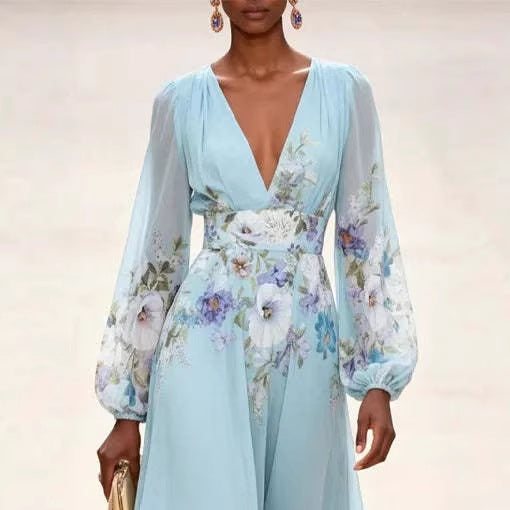2026欧美女装 独立站 亚马逊 透视长袖V领数码印花长裙花朵连衣裙