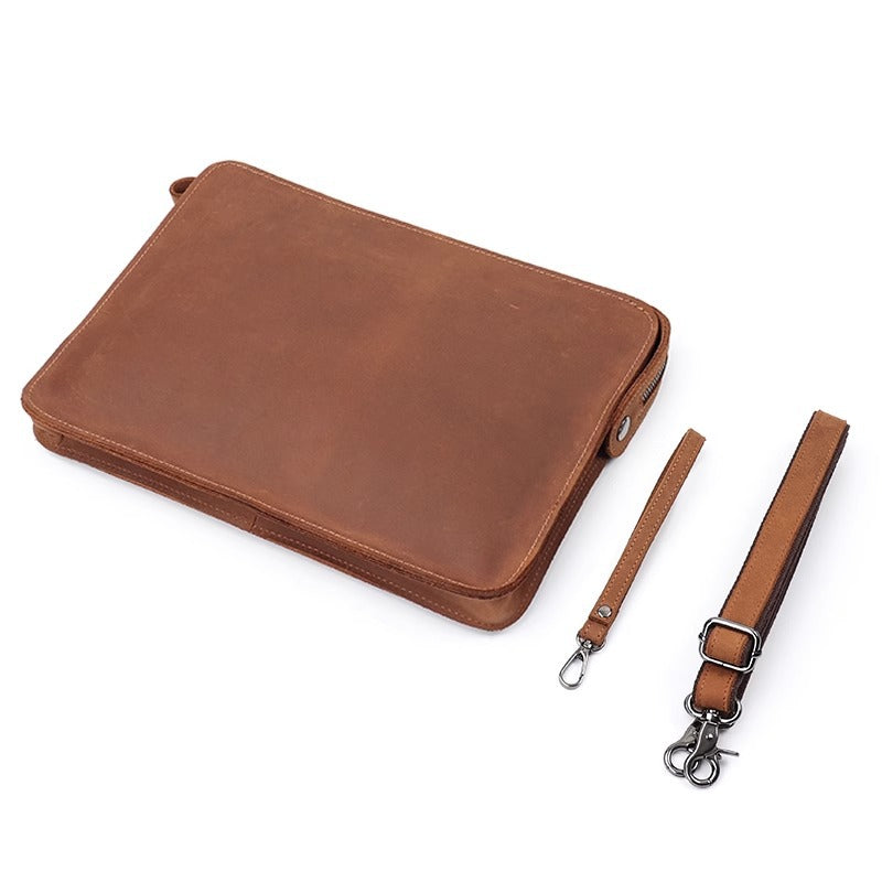 疯马皮牛皮单肩斜挎包男士手工真皮手拿复古ipad公文包A4文件袋女