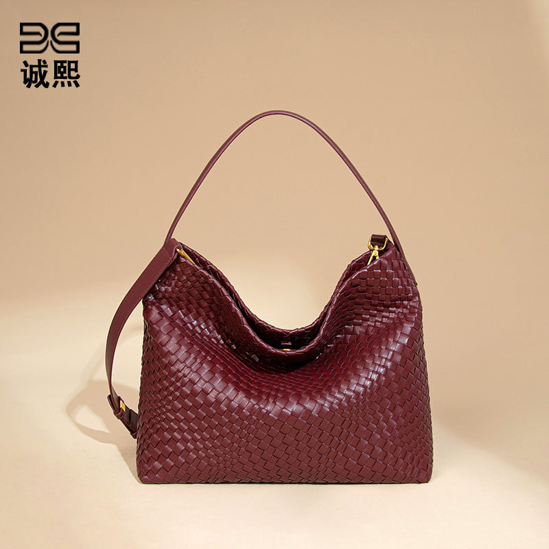 外贸定制手工编织包包大容量单肩腋下女包纯色百搭斜跨手提托特包