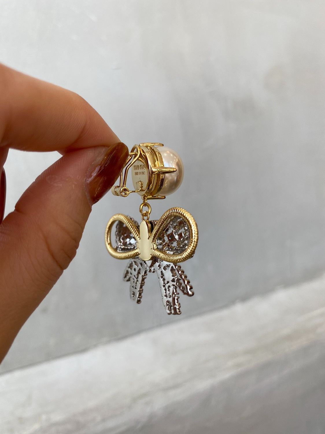 缪家新款珍珠大蝴蝶结耳环女闪钻复古夸张时尚气质珍珠蝴蝶结耳钉