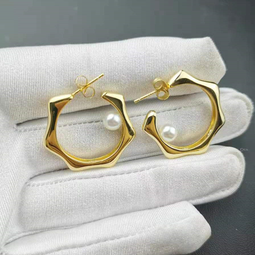 赛家新款不规则圆圈耳圈法式复古气质耳钉单珠耳饰几何珍珠耳环