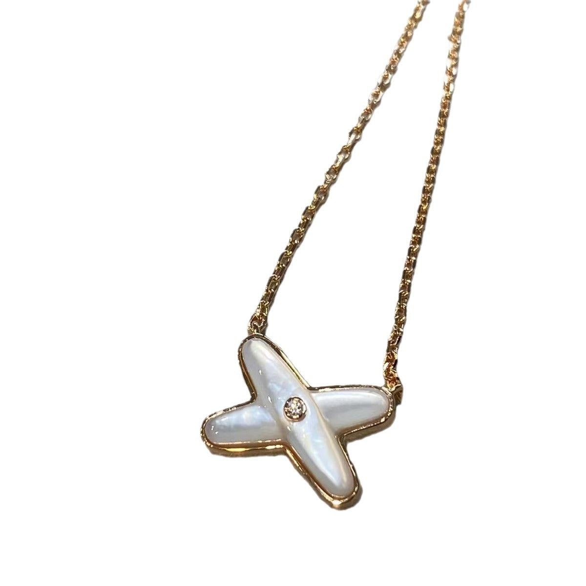 v金高版本尚美交叉项链不掉色女天然白贝母吊坠镀18k玫瑰金锁骨链