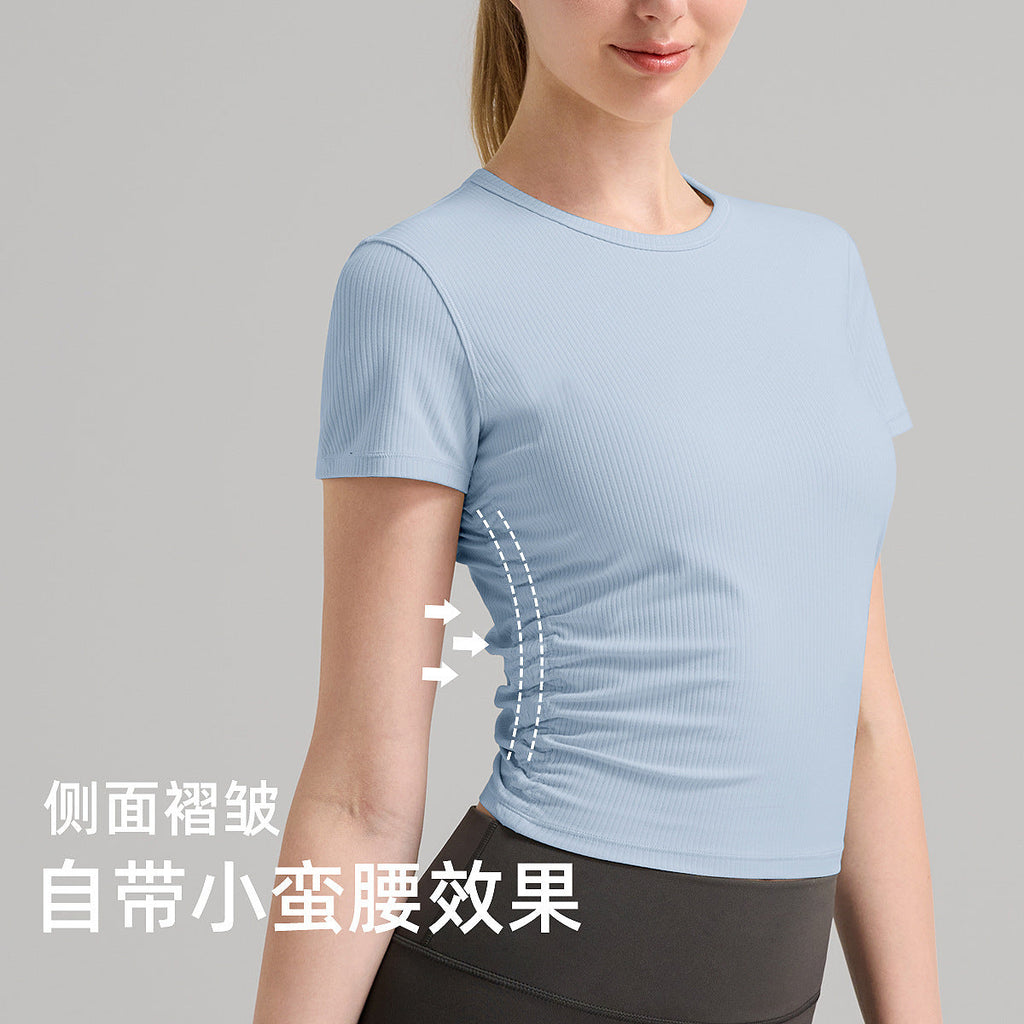 INF罗纹运动T恤女褶皱收腰短款健身服上衣透气速干lulu瑜伽服短袖