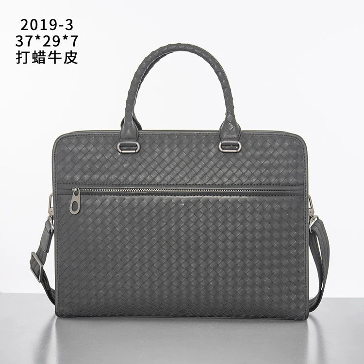 X&BV真皮男包商务包男士手提包大容量编织单肩包斜挎包男士公文包