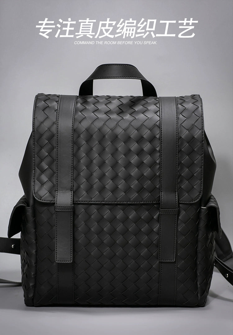 X&BV真皮双肩包男编织休闲时尚背包牛皮大容量新款男士书包电脑包