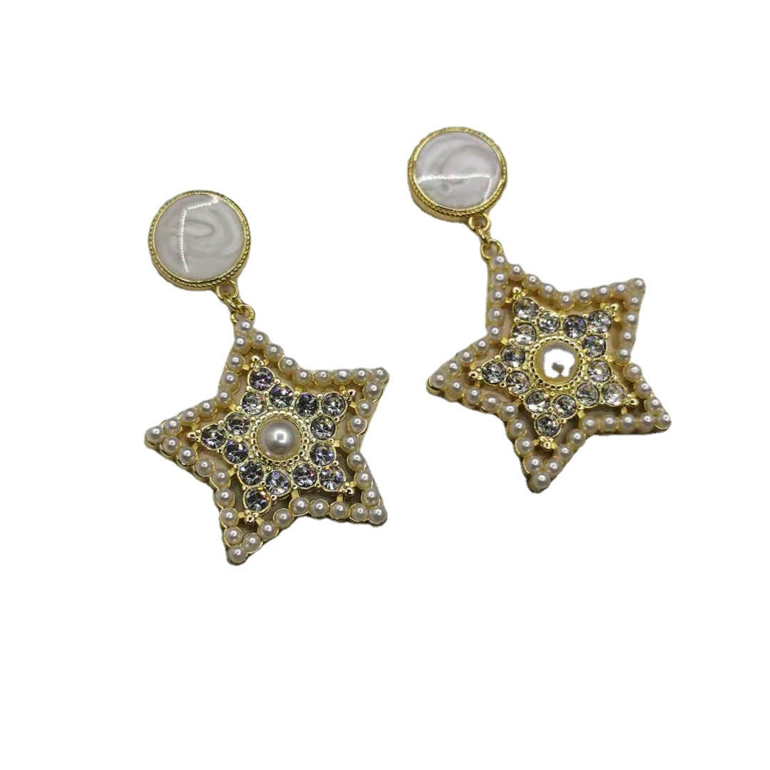 缪家21新款仿水晶珍珠五角星耳坠耳钉女高级感气质满钻星星形耳钉