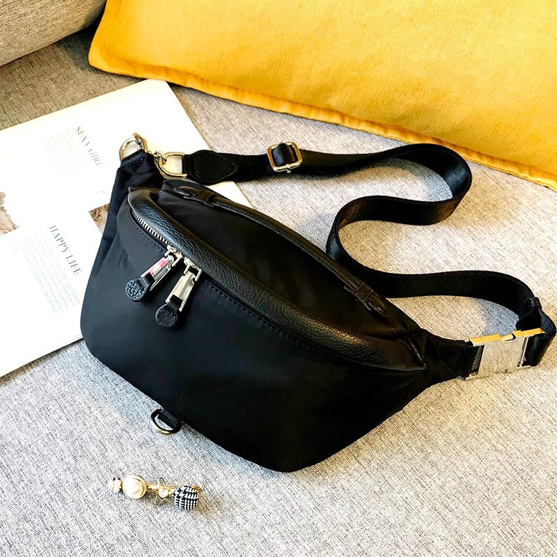 头层牛皮配牛津布胸包女ins潮休闲斜挎包百搭时尚腰包蹦迪包 代发