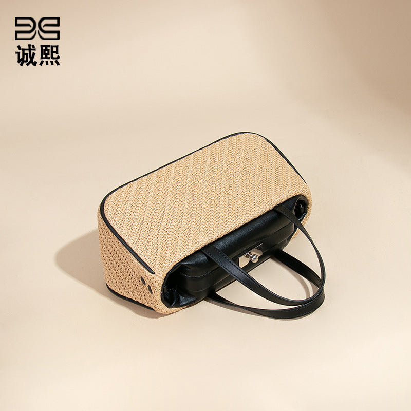 夏季时尚小众拉菲草手提女包简约百搭单肩斜跨包休闲手拎小方包包