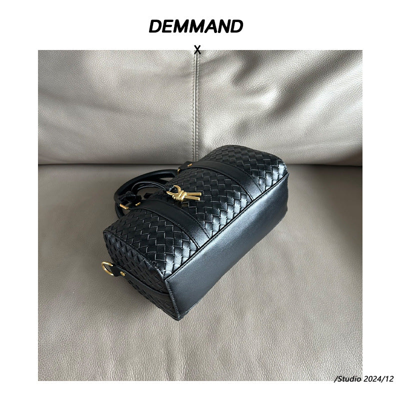 编织牛皮波士顿枕头包2024秋冬新款手工时尚通勤单肩斜挎包手提包