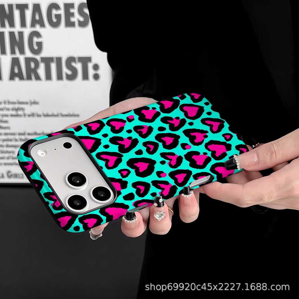 跨境蓝色爱心豹纹适用苹果17Promax手机壳iPhone16磁吸15菲林壳14