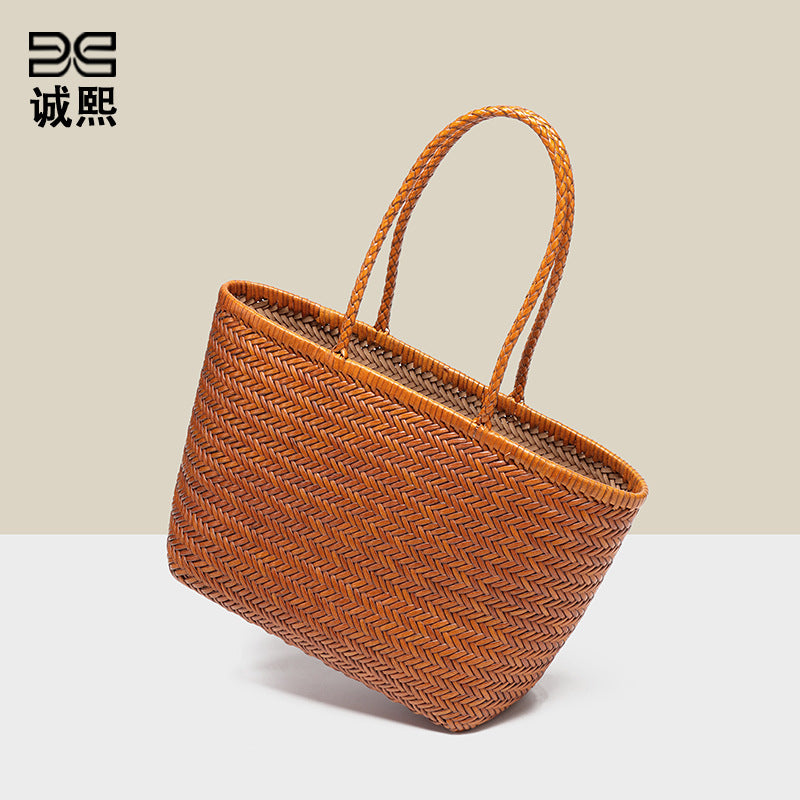 ins新款菜篮手提包休闲百搭手工编织托特包大容量牛皮单肩腋下包