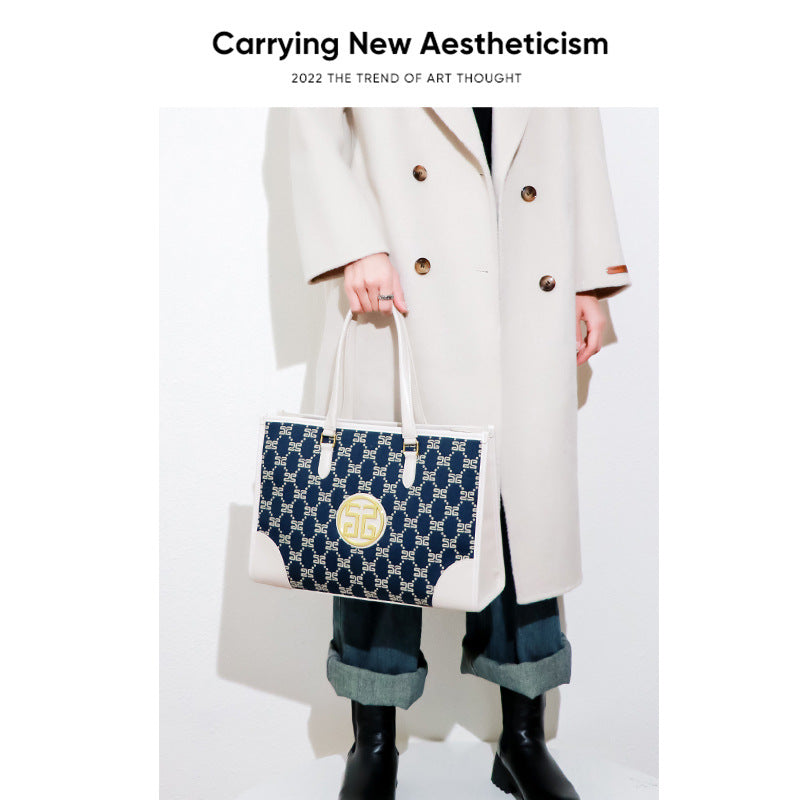 跨境通勤女士手提包棉麻刺绣大气托特包外贸简约休闲大容量妈咪包