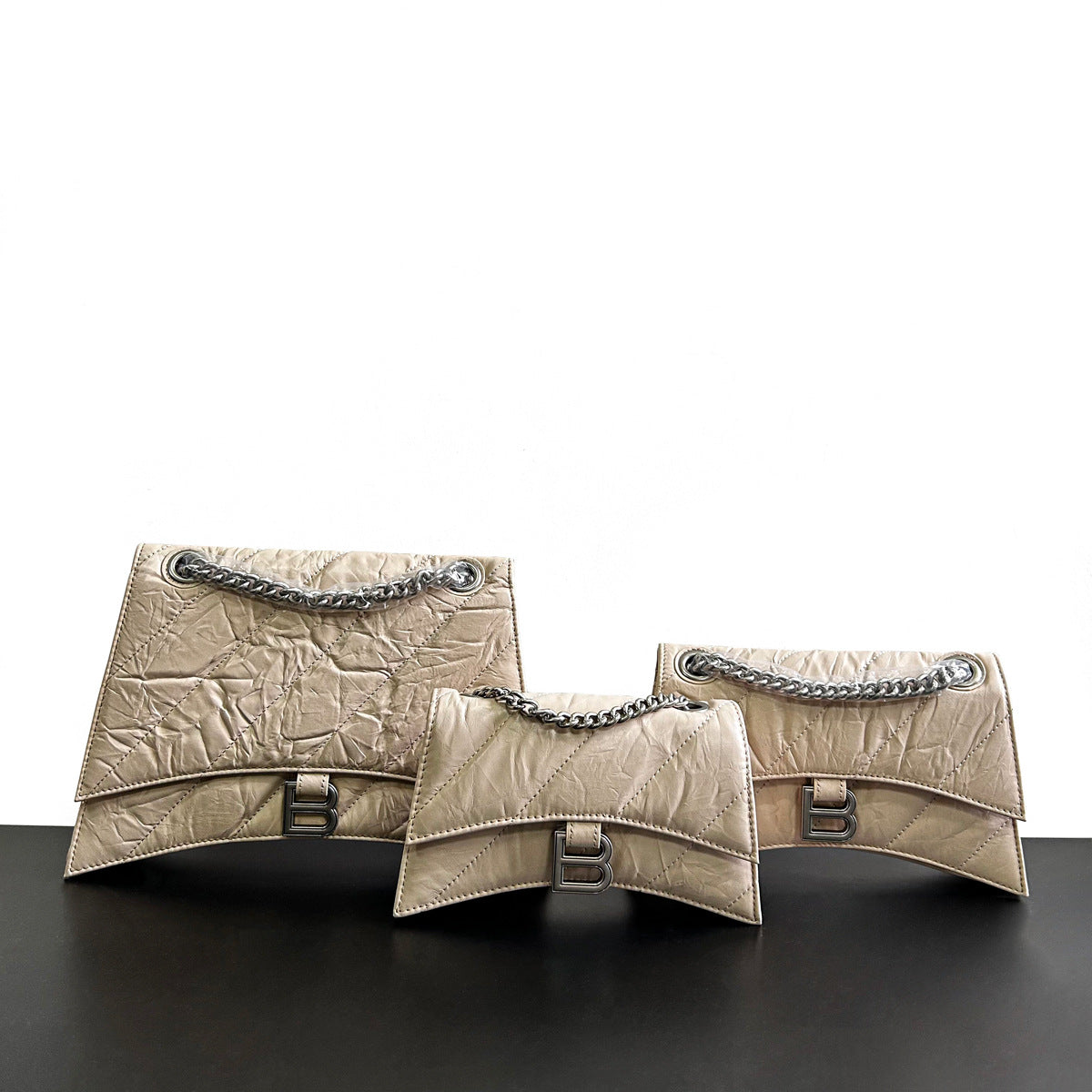 高级感头层牛皮沙漏包2023秋冬新款褶皱菱格链条包b家单肩斜挎女