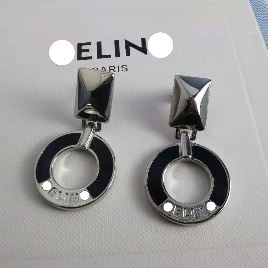 赛家新款celi风法式黑色滴胶圆饼长方形耳钉复古时尚耳环圆牌耳饰
