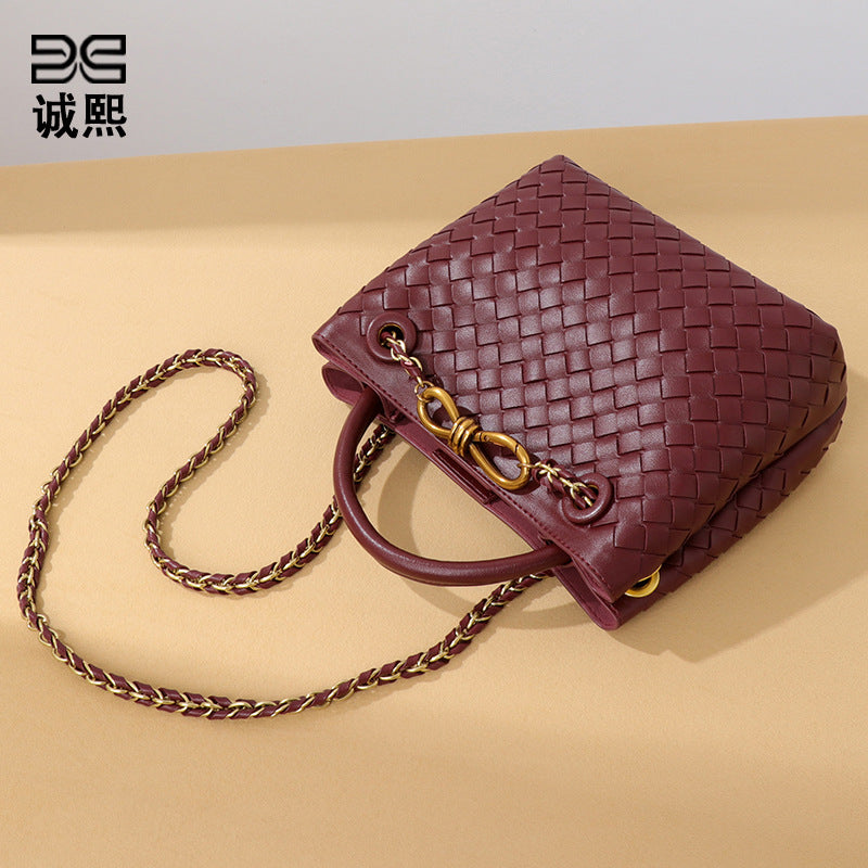 纯色百搭新款手工编织女包时尚通勤手提包链接单肩斜挎托特小方包