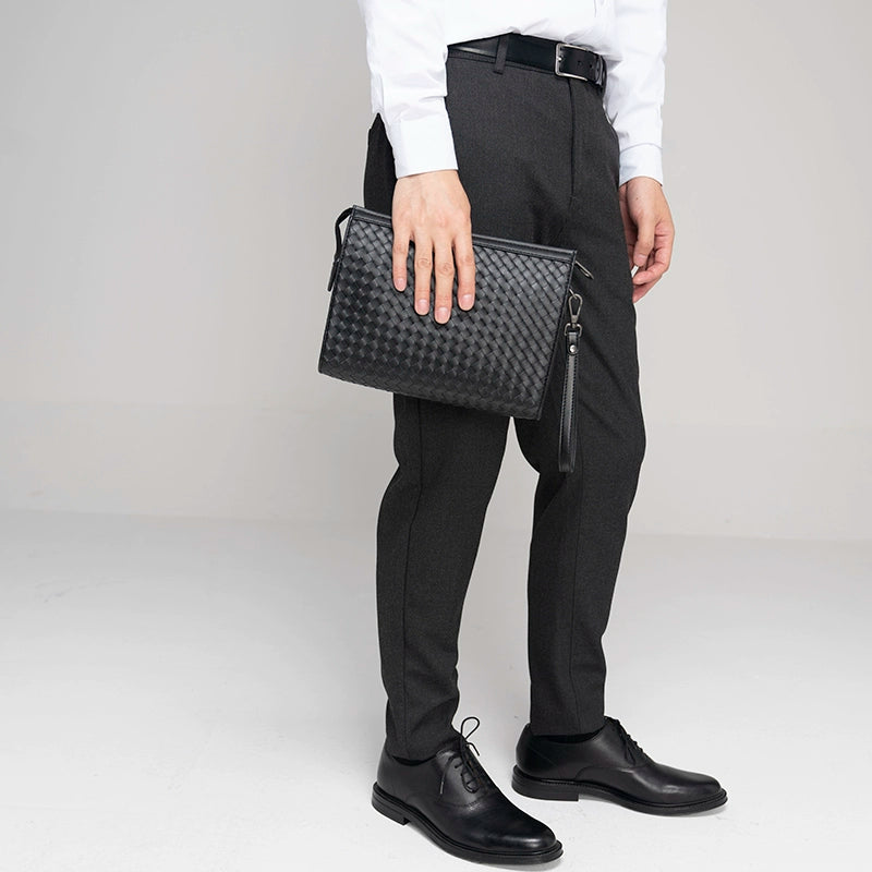 X&BV男士手拿包真皮大容量手抓包编织青年夹包商务休闲信封包男包