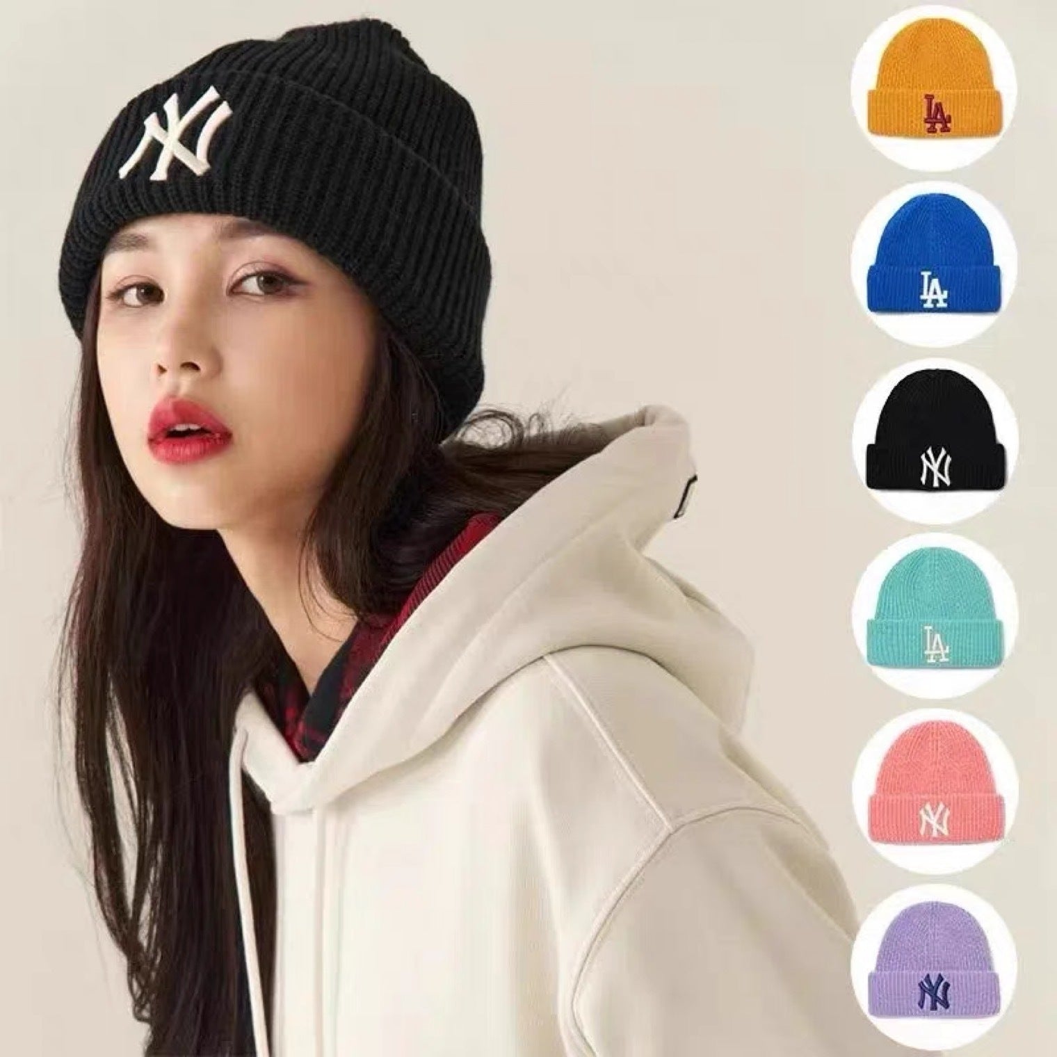 韩国MLB帽子ny洋基队冷帽针织帽男女保暖la针织帽字母刺绣毛线帽