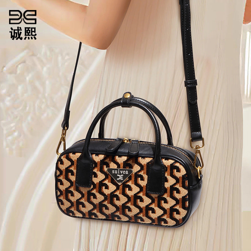 秋冬新款高级感豹纹手提包时尚百搭马毛包包质感通勤单肩斜挎女包