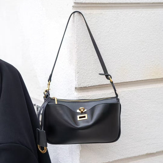 头层牛皮真皮女包腋下包锁扣小方包机车手提包法棍包单肩包斜挎包