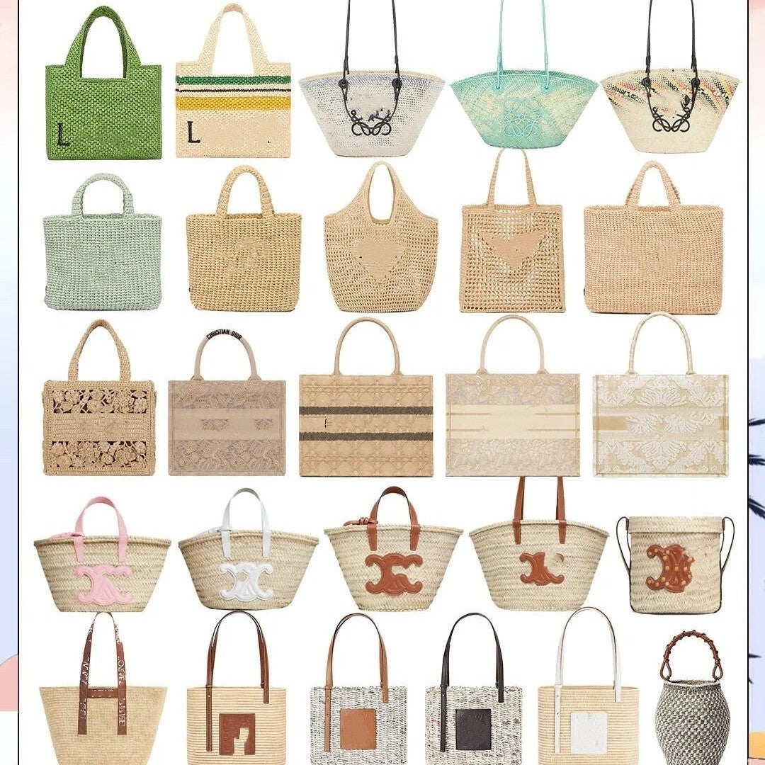 夏天沙滩包拉菲草编织包串珠复古腋下包大容量购物包单肩托特包女