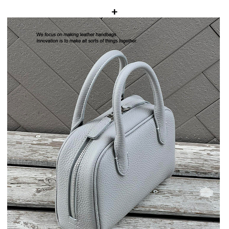 头层牛皮波士顿枕头包韩国小众真皮保龄球手提包时尚单肩斜挎包女