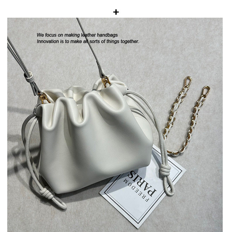 新品褶皱牛皮云朵包新中式抽绳福袋包时尚链条腋下包单肩斜挎小包