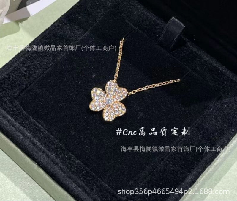 高版梵家幸运满钻三叶草项链女幸运草吊坠镀18K金工厂直销直播供