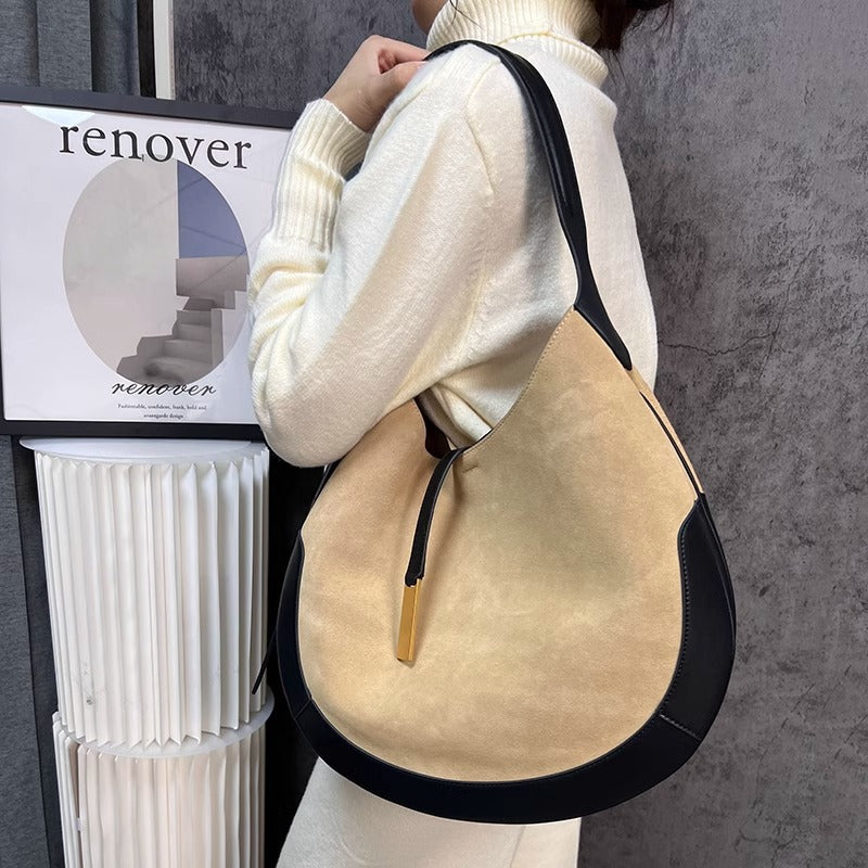 平价显贵慵懒老钱风郑秀晶同款单肩斜挎腋下麂皮拼色ID托特包大容