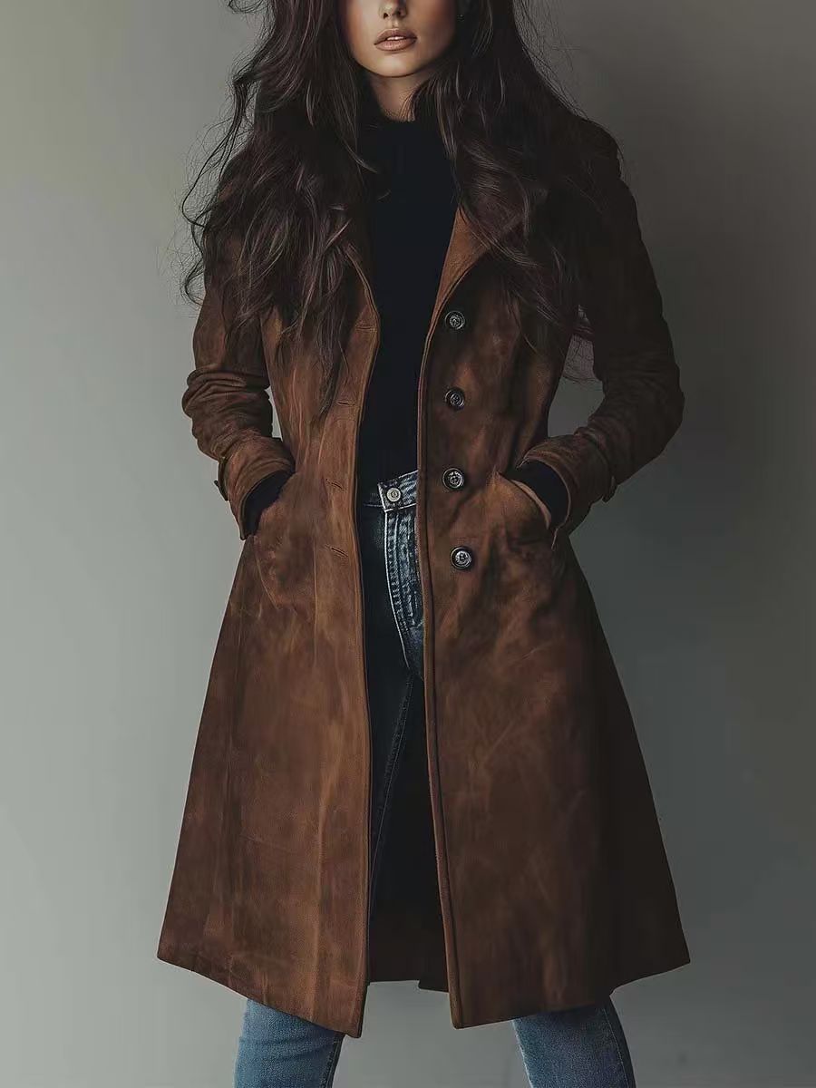 2025高品质欧美亚马逊跨境女装秋冬外套翻领麂皮绒长款风衣外套
