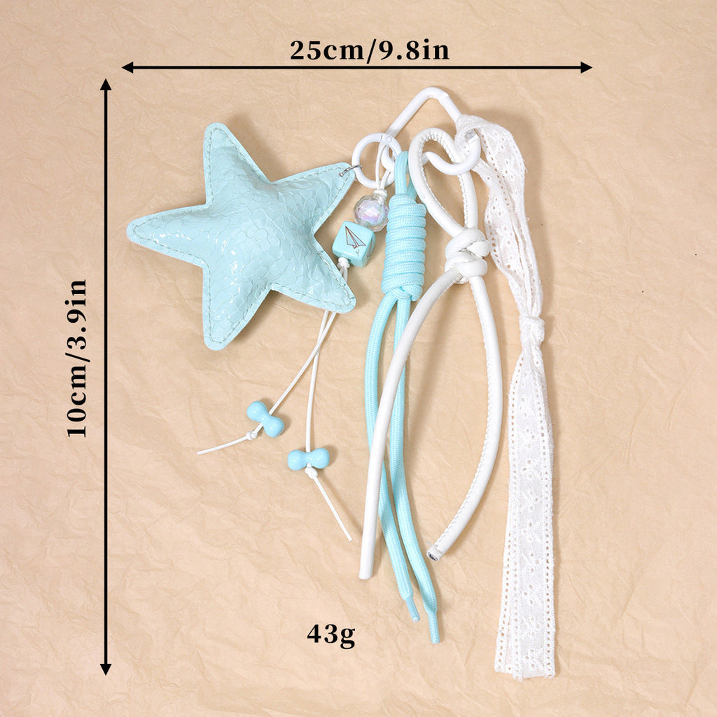 新款miu系丝带亮面皮革五角星小众包包挂件钥匙扣挂绳饰品串珠挂