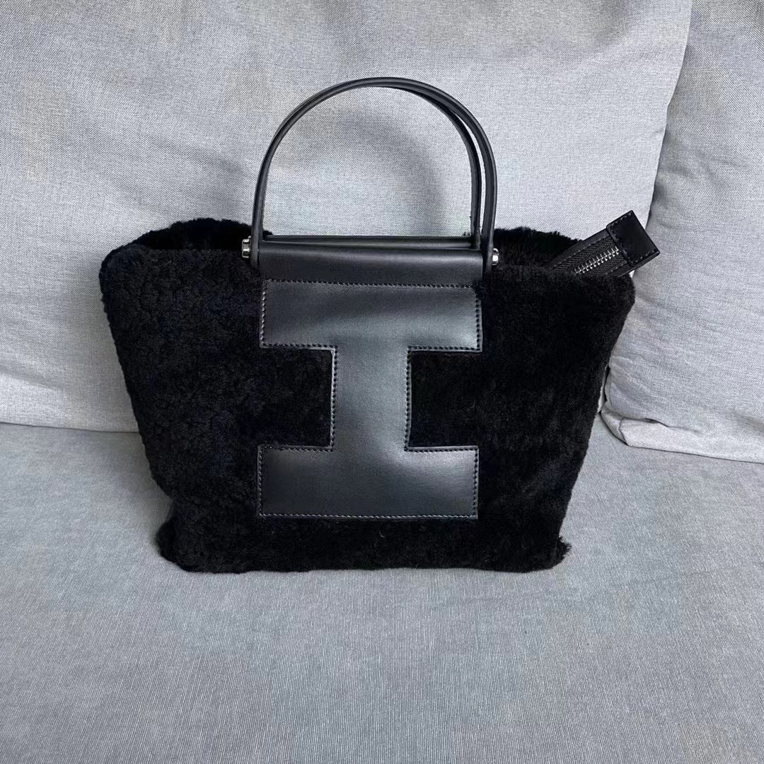 包包女2023秋冬新品网红撞色复古牛皮羊毛大容量托特包单肩斜挎包