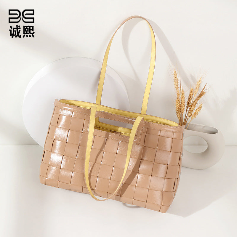 外贸跨境批发包包女手工编织高级时尚PU镂空简约撞色大容量托特包