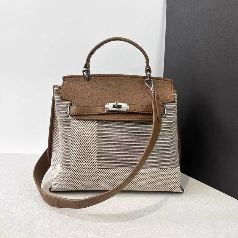 韩版高级感格纹配togo牛皮铂金包大容量女手提单肩通勤包一件代发