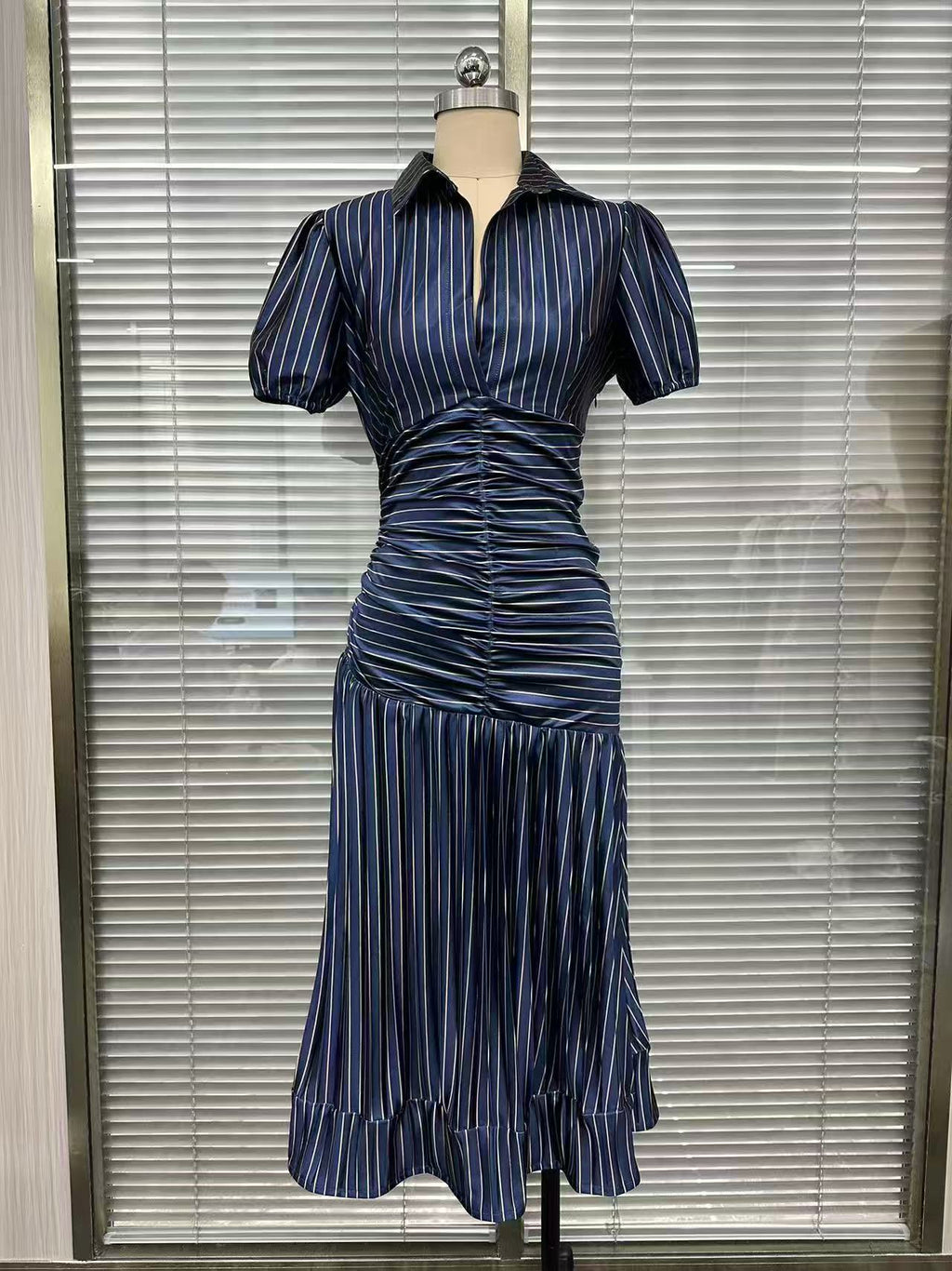 2026欧美女装 独立站 条纹高腰衬衫连衣裙收腰显瘦短袖翻领A字裙