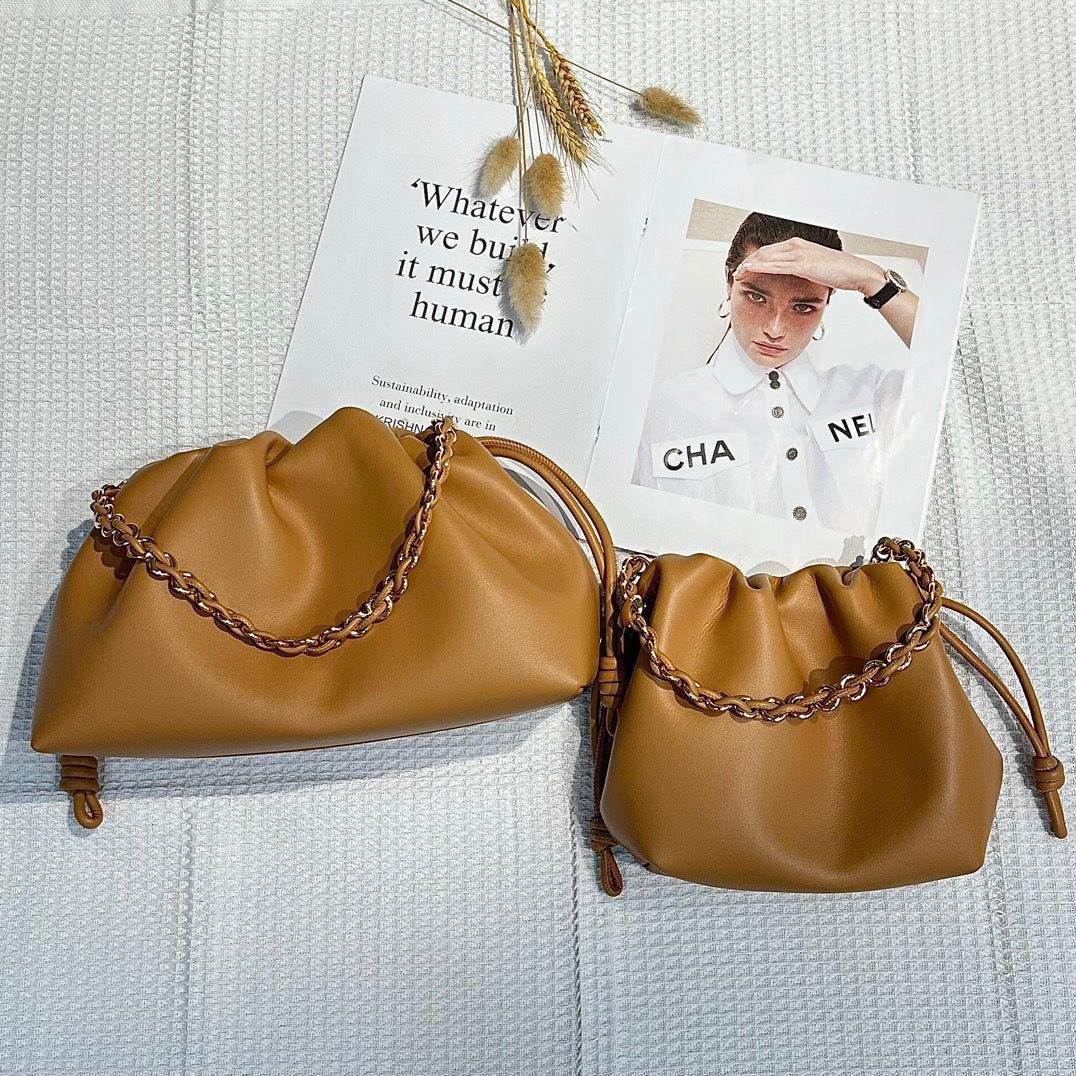 新品褶皱牛皮云朵包新中式抽绳福袋包时尚链条腋下包单肩斜挎小包