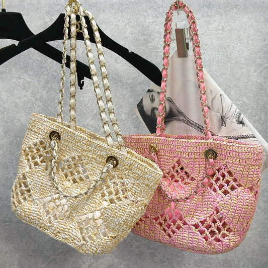 网格拉菲草编织包夏日多巴胺海边沙滩包森系菱格镂空包链条托特包