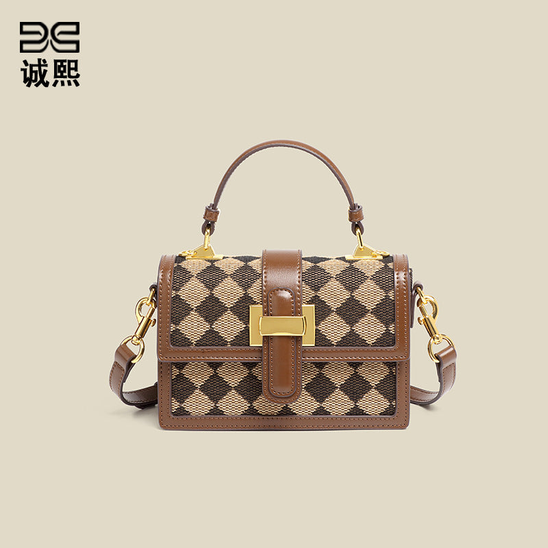 洋气复古月光宝盒手提包菱格豹纹质感棉麻单肩女包休闲潮流斜挎包