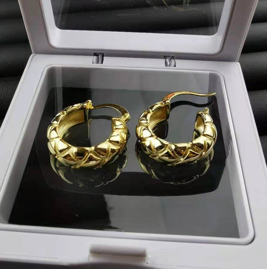 赛家新款格纹耳环复古金色耳钉女法式气质时尚耳饰菱纹圆圈耳圈