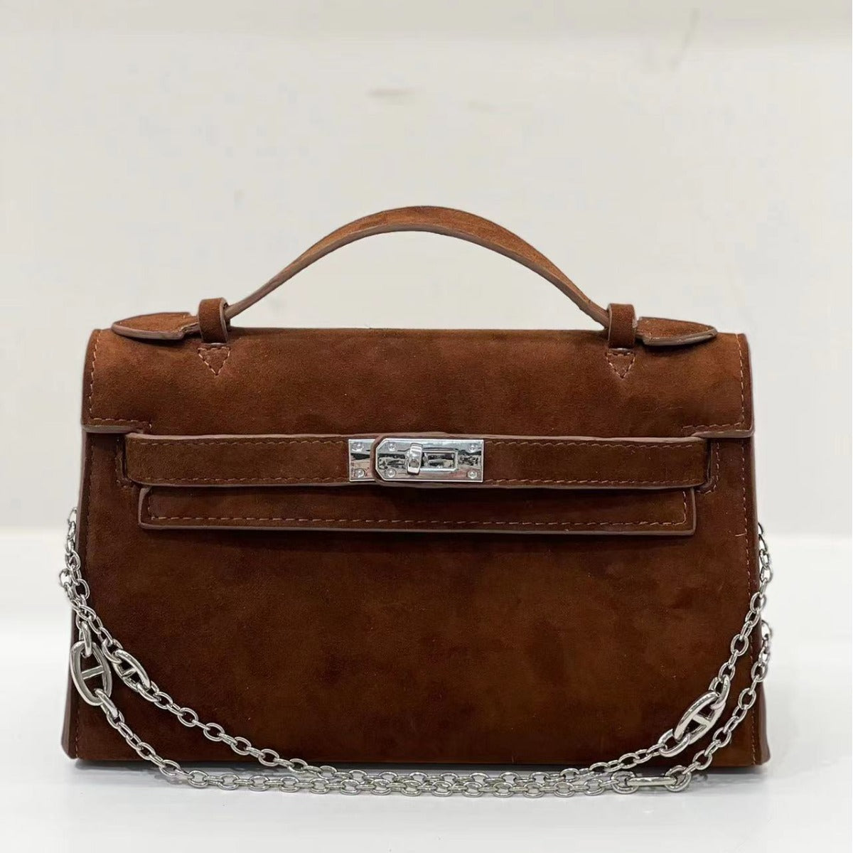 2024新款头层麂皮磨砂牛皮凯丽包时尚锁扣单肩手提斜挎包包