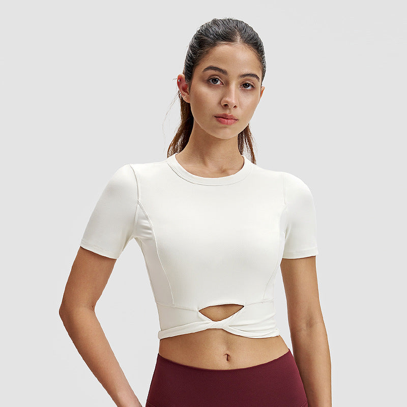 修身瑜伽T恤女lulu短款下摆扭结短袖高弹力露脐运动衫健身服上衣