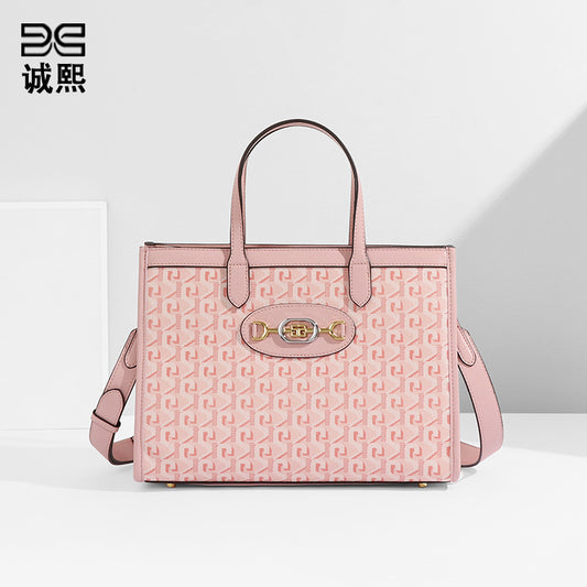 复古大容量新款单肩斜挎包气质女士手提包通勤软皮狗牙印花托特包