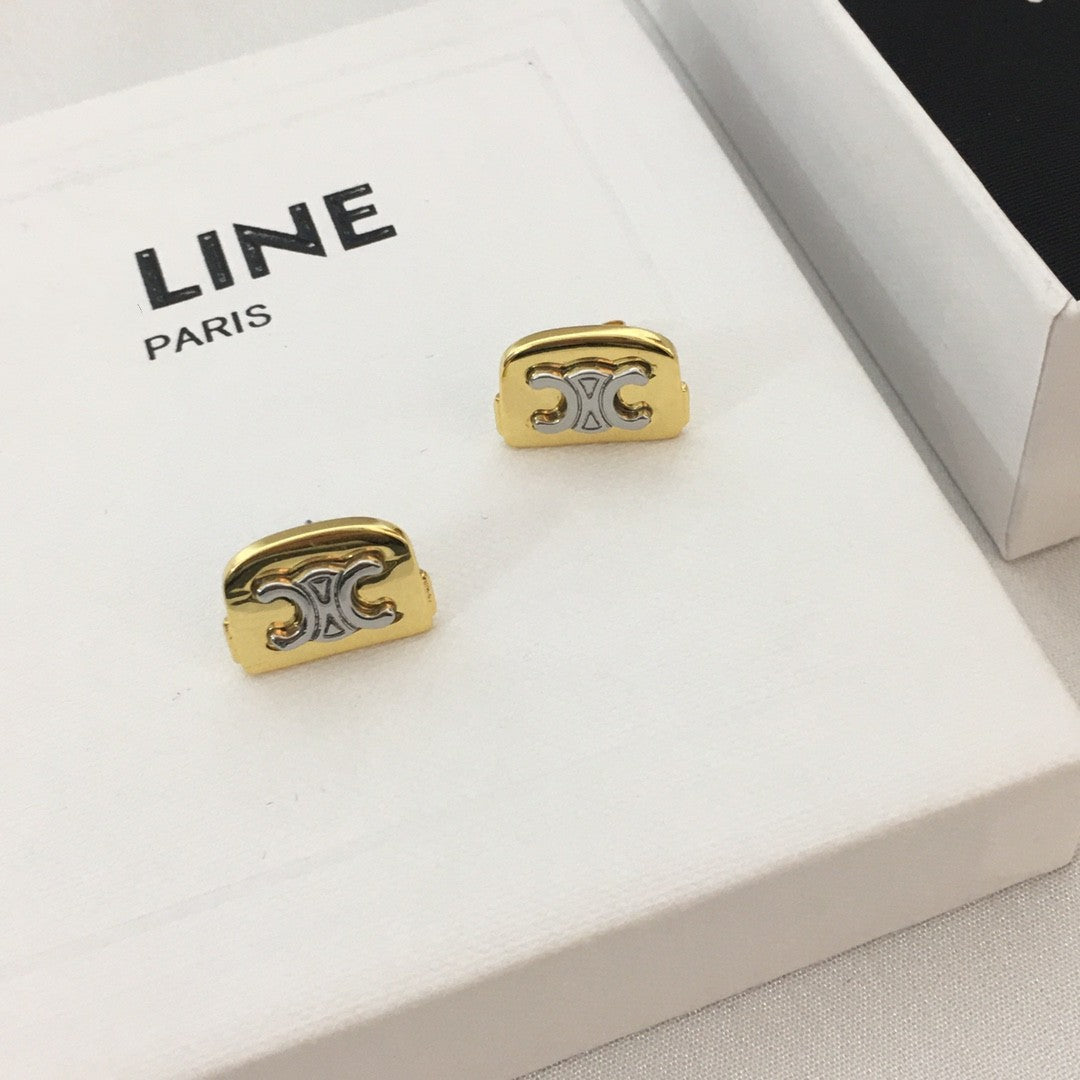 赛林家22新款方形凯旋门耳钉女高级感气质黄铜镀金拼色猪鼻耳环