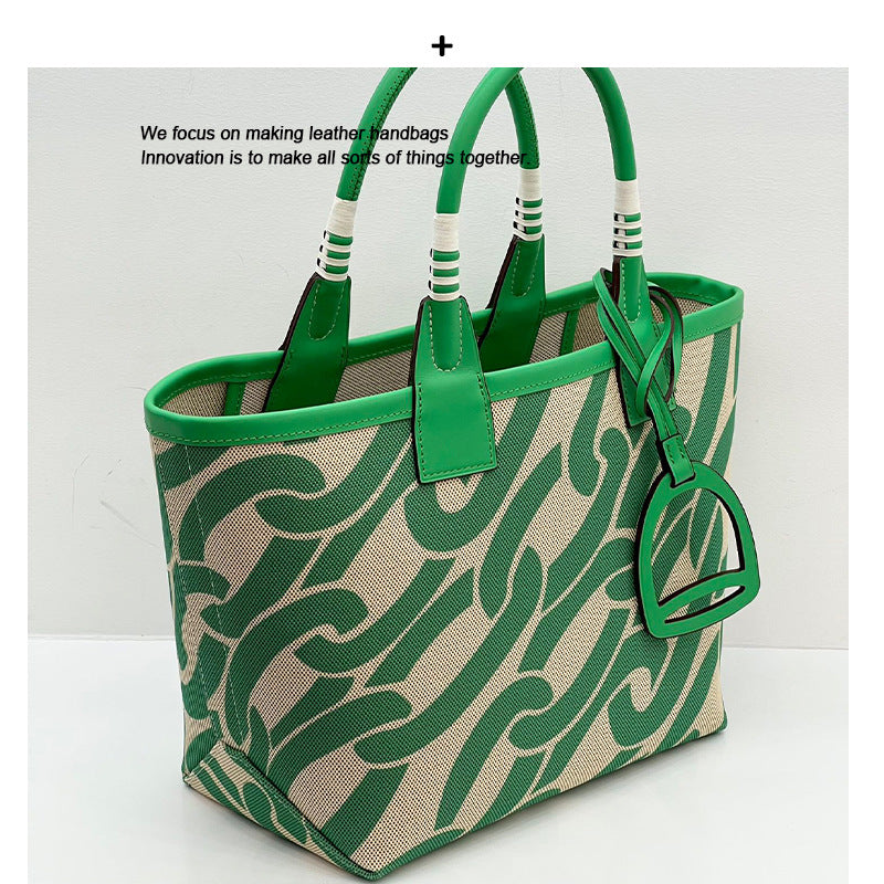 女包高级时尚百搭腋下托特包手工编织牛皮拼帆布撞色手提菜篮子包