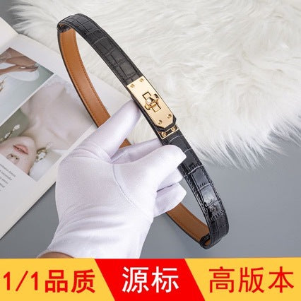 鳄鱼纹H家kelly免打孔皮带女真皮百搭装饰凯莉细腰带配大衣西装